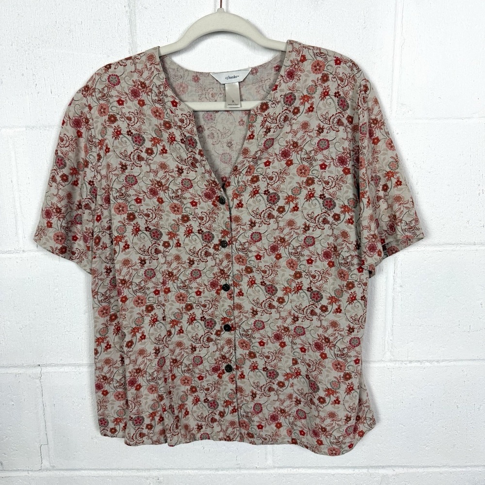 Cj Banks Button Up Top Plus Size X Linen Blend Floral Earthy Granola Cottage
